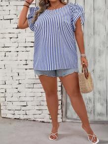 SHEIN CURVE+ 条纹蝴蝶袖衬衫 波西米亚风度假 - 藍白色 - 查看 3