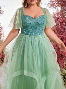 Glamrae 大码优雅浪漫甜心领亮片和网眼拼布高低舞会礼服晚礼服、派对礼服、婚礼宾客礼服、正式礼服 - 薄荷綠 - 查看 1