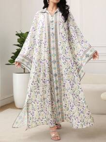 Al Najma 女式花卉印花翻领纽扣设计蝙蝠袖阿拉伯连衣裙 - 紫色 - 查看 4