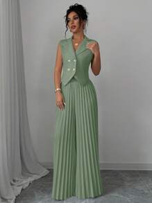 Selianne Women's Elegant Solid Color Double-Breasted Vest And Wide-Leg Pleated Pants Suit - Mint Green - View 1