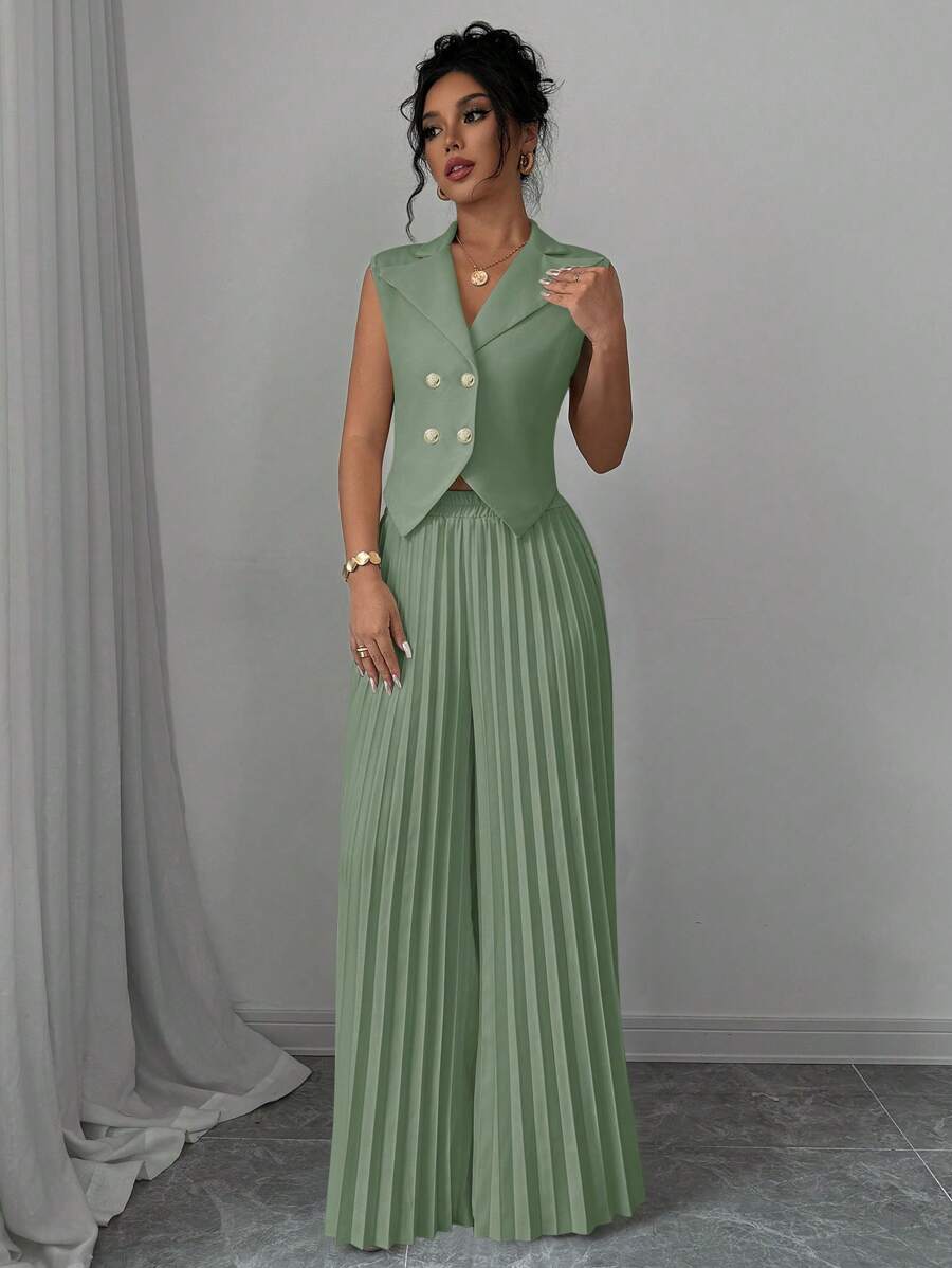 Selianne Women's Elegant Solid Color Double-Breasted Vest And Wide-Leg Pleated Pants Suit - Mint Green - View 1