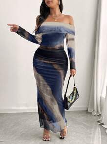 SHEIN Unity Plus Size Women's Tie-Dye Print Off-Shoulder Long Sleeve Ruffle Fitted Dress, Fashionable For Autumn Maxi Women Outfit - Royal Blue - View 1