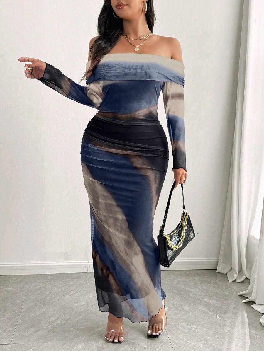 SHEIN Unity Plus Size Women's Tie-Dye Print Off-Shoulder Long Sleeve Ruffle Fitted Dress, Fashionable For Autumn Maxi Women Outfit - Royal Blue - View 1