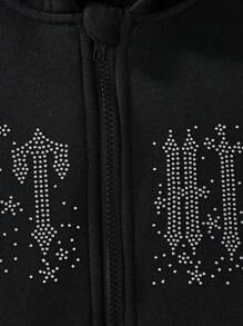 Sparklyn Tween Girls' Rhinestone Embellished Hooded Casual Knit Sweatshirt - Black - View 3