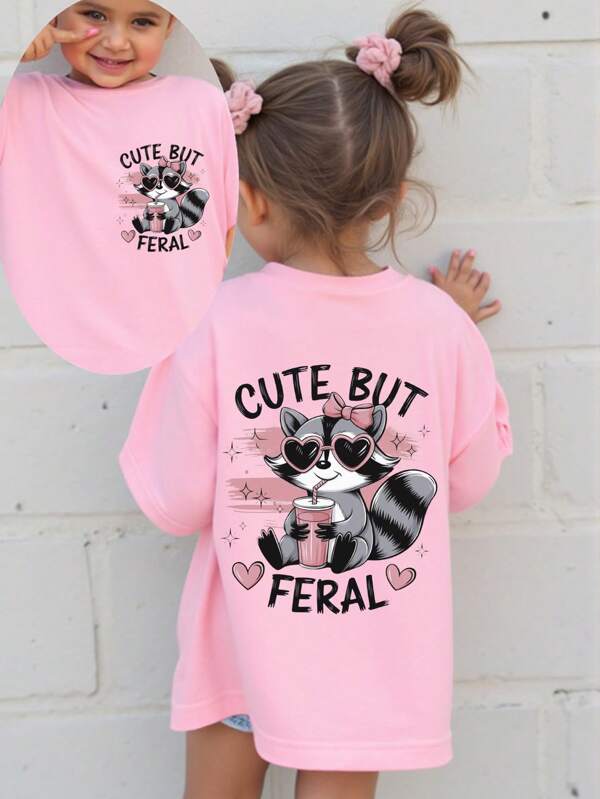 SHEIN GraphicGems Kleine Mädchen Lässig Niedliche Waschbär Herz & Buchstaben Muster Kurzarm Rundhals T-Shirt, Frühling & Sommer