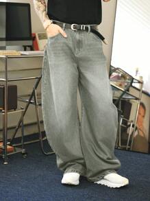 Manfinity Hypemode 复古 Y2K 复古街头宽松阔腿休闲版型浅蓝色洗水破洞牛仔裤男士 - 軍綠色 - 查看 5