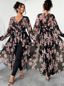 Elenzga 2-częściowy zestaw damski w dużych rozmiarach: Top z szyfonu z kwiatowym wzorem, długim rękawem, dekoltem w serek, paskiem i dopasowanymi spodniami do kostek