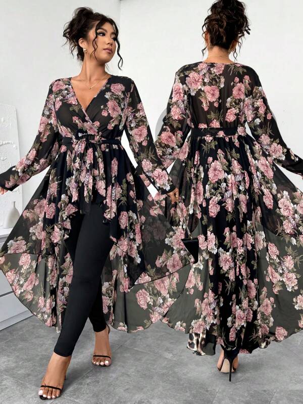 Elenzga 2pcs Plus Size Women's Set: Floral Chiffon Long Sleeve V-Neck Top With Belt And Slim Fit Ankle Pants