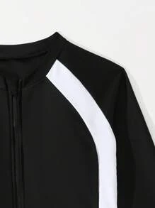 Teen Girls Black And White Zip-Front Surf Suit,Long Sleeve Tankini Swimwear Set