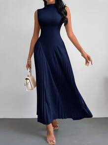 SHEIN PETITE Women Elegant Pleated Tight-Fitting A-Line Dress,Business Casual Woman,Bohemia - Navy Blue - View 8