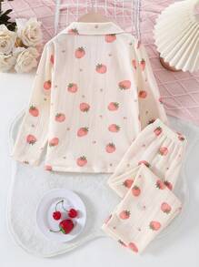 SHEIN 2pcs Young Girls Cute Strawberry Pattern Ruffle Textured Casual Comfy Open Front Top And Pants Set Home Wear - Multicolor - View 2