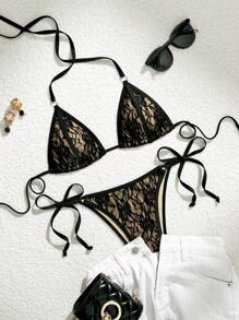 SHEIN Swim 性感蕾丝吊带两件套三角加厚细肩带侧系带女式泳衣套装