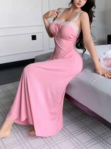 Elegant Lace Patchwork Spaghetti Strap Long Nightgown For Women - Pink - View 4