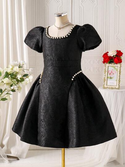 SHEIN Glamorique Kids 女童香槟色提花梭织连衣裙 黑色连衣裙 派对装