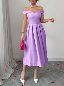 Rafferiza Elegante vestido rosa con escote hombros descubiertos, volantes en la cintura, talla grande, apropiado para uso diario, citas, fiestas - Púrpura malva - Ver 5