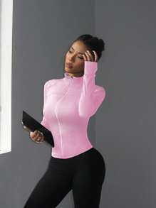 Easithlete 修身拉链弹力运动夹克，适合健身、跑步、瑜伽、日常休闲穿着、长袖 - 粉色 - 查看 8