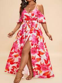 Travachic Plus Size Women Floral Print Off Shoulder Split Hem Vacation Dress Summer Outfits Beach Outfits For Woman Graduation Outfit Brunch Outfits For Women St Patrick Spring Break Rave Outfits Festival Elegant Vacation Outfits Woman Casau Western Cute Boho  Floral Beach Spring Clothes Brunch Outfits For Women Old Money Tropical Vacation Woman Clothes,Beach Dress Sundress,Holiday Outfits