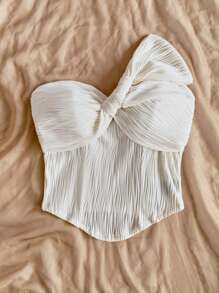 Soleia Blusa de punto de textura ondulada blanca con diseño de lazo retorcido, bajo curvo y ajuste a la figura, adecuada para fiestas, citas, San Valentín, carnaval, Pascua, té de la tarde, playa, cruceros, vacaciones en la ciudad