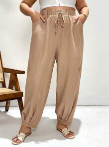 SHEIN Essnce 大码女式夏季服装 女士度假服装 女士沙滩装 女士度假服装 女士亚麻裤 海滩度假服装 新款时尚休闲通勤度假亚麻卡其色拼接蕾丝宽松打底裤，胡萝卜裤， - 卡其色 - 查看 3