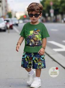 SHEIN Leap Crew 恐龍世界、熱帶雨林、年輕男孩休閒簡約短袖短褲兩件套合適夏季 - 軍綠色 - 查看 1