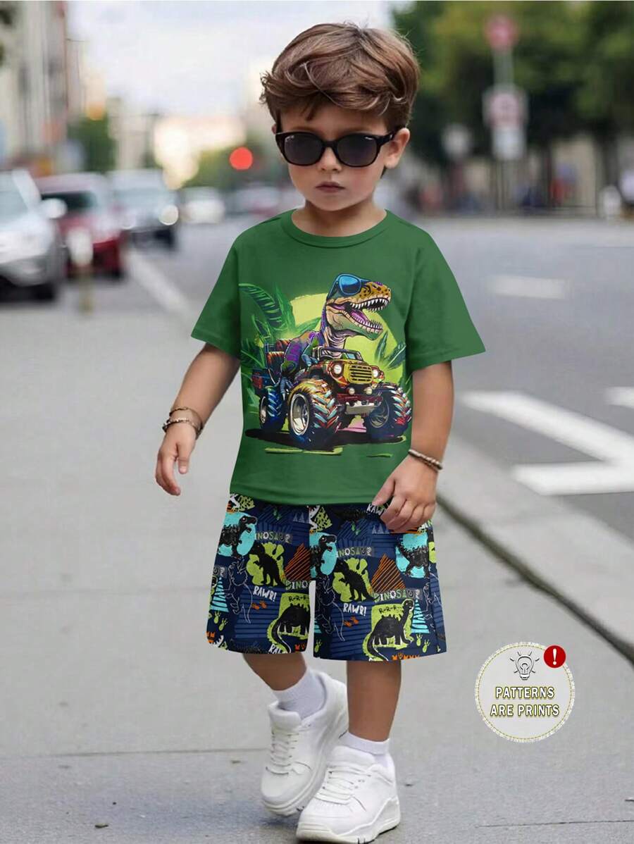 SHEIN Leap Crew 恐龍世界、熱帶雨林、年輕男孩休閒簡約短袖短褲兩件套合適夏季 - 軍綠色 - 查看 1