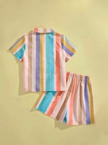 SHEIN 2pcs Young Boys' Colorful Striped Chest Pocket Short Sleeve Button-Up Shirt And Relaxed Fit Striped Elastic Waist Shorts Set, Perfect For Holiday Style
