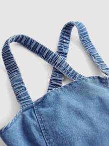 SHEIN Girlism Tween Girl Cool And Cross Back Woven Solid Color Sleeveless Backless Bowknot Tie Denim Dress, Spring/Summer,Girls Summer Beach Boho Rave Concert Outfits - Light Wash - View 4