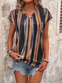 EMERY ROSE Women Fashionable Short-Sleeved T-Shirt With Colorful Stripes Print Graphic Tees Women Tops - Multicolor - View 5