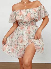 Flirla Plus Size Off Shoulder Romantic Floral Layered Cake Dress - Yellow - View 3