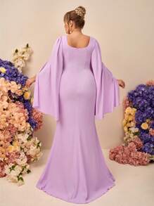 SHEIN Belle Váy maxi dài xếp nếp hở vai màu tím nhạt lãng mạn thanh lịch cỡ lớn họa tiết hoa 3D, váy phù dâu - Màu tím hoa cà - Xem 5