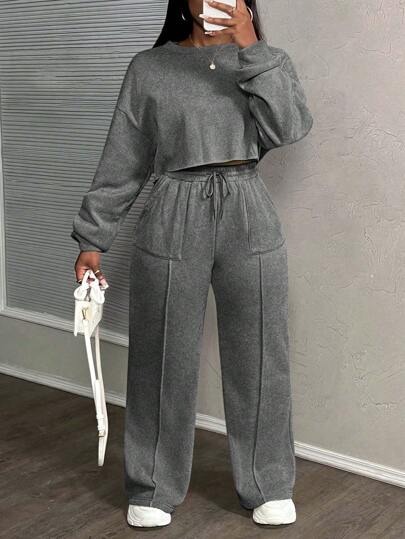 Slaydiva 2025新款大码女装休闲街头风酸洗宽松蓝绿色长袖卫衣和运动裤两件套，假日穿搭