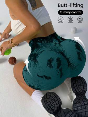 Softness Seamless Tie Dye Wide Waistband Sports ShortsWomen Sweat Short, Gym Short, Biker Short