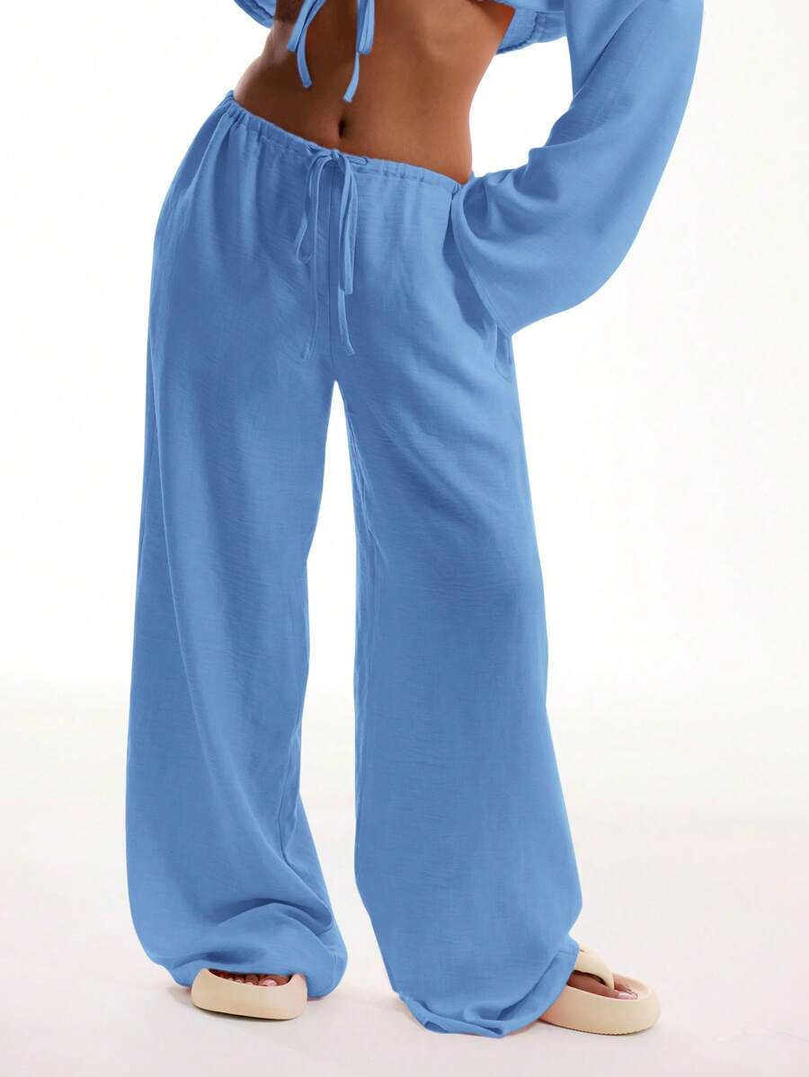 MUSERA Tie Front Linen Feel Beach Trousers Boho Elegant Holiday Casual Vacation Summer Ibiza Airport Party Spring - Blue - View 1
