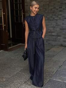 Livesso 女士夏季荷叶边无袖牛仔背心和牛仔裤两件套，休闲街头风，百搭牛仔套装 - 深色水洗藍 - 查看 4