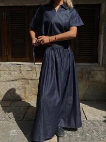 DAZY 2pcs Women Summer Waist-Cinching Polo Collar Short Sleeve Shirt & Denim Skirt Set - Dark Wash - View 3