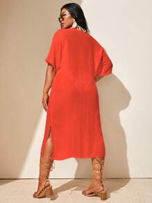 Swim Lushoire Vestido talla grande para cubrir traje de baño, de unicolor para vacaciones y playa - Naranja - Ver 2