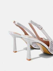 CUCCOO TILAWA أحذية زفاف نسائية ذات كعب عال، برؤوس مدببة، مزينة بالراين ستون، كعب عال مغلق، بلون فضي