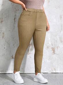 SHEIN LUNE Plus Size Stretch Denim Jeans, Solid Color, Minimalist Style, Suitable For Summer - Khaki - View 3