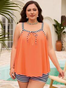 Swim Lushoire Plus Size Contrast Color Stripe Tankini Swimwear Set For Summer Beach Vacation - Multicolor - View 6