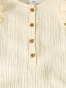 Baby Girls Sweet Lady Chiffon Cap Sleeve Jumpsuit With Flower Bud Ruffle Trim Hat Gift Set - Apricot - View 4