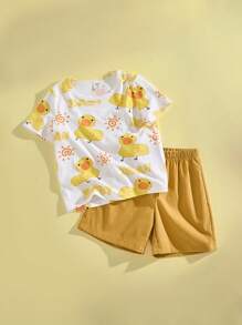 SHEIN 2pcs/Set Young Boys Cute Animal Print Basic T-Shirt And Elastic Waist Yellow Shorts Sets - Yellow - View 3