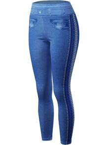 休闲牛仔效果印花高腰紧身裤