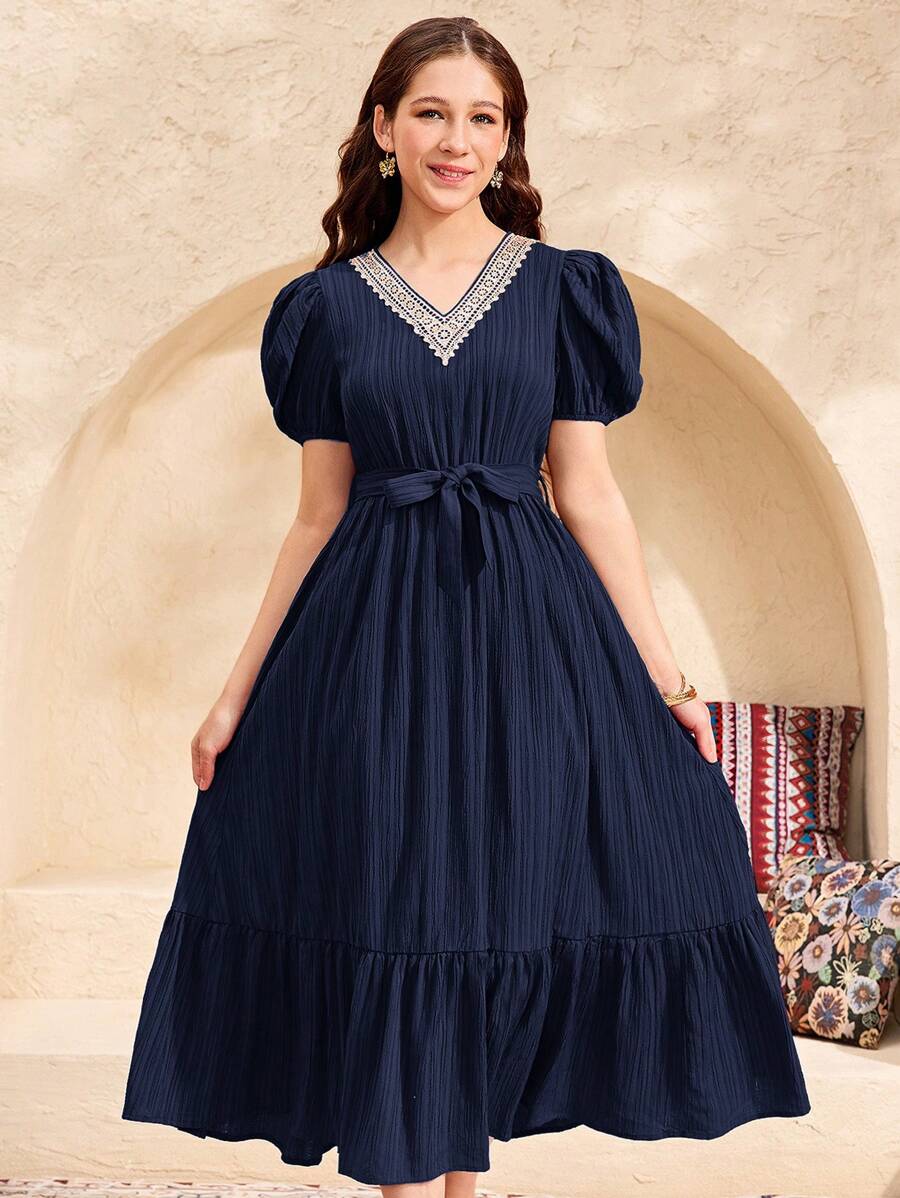 SHEIN Teen Girls' Navy Blue Ruched Textured Jacquard Puff Sleeve Tie-Waist Ruffle Hem Robe, Vacation Casual Long Dress For Spring And Summer - Navy Blue - View 1