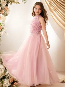 Vestido de niña de las flores, corte A y longitud midi, con aplicaciones florales y tul de malla, adecuado para boda, fiesta de cumpleaños, ceremonia