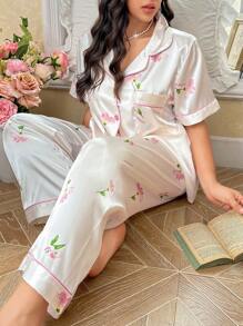 CottageSlumber 大码花卉印花缎面睡衣套装