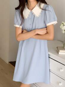 DAZY Color Block Puff Sleeve Mini Dress For Women Summer Sundress - Blue - View 3