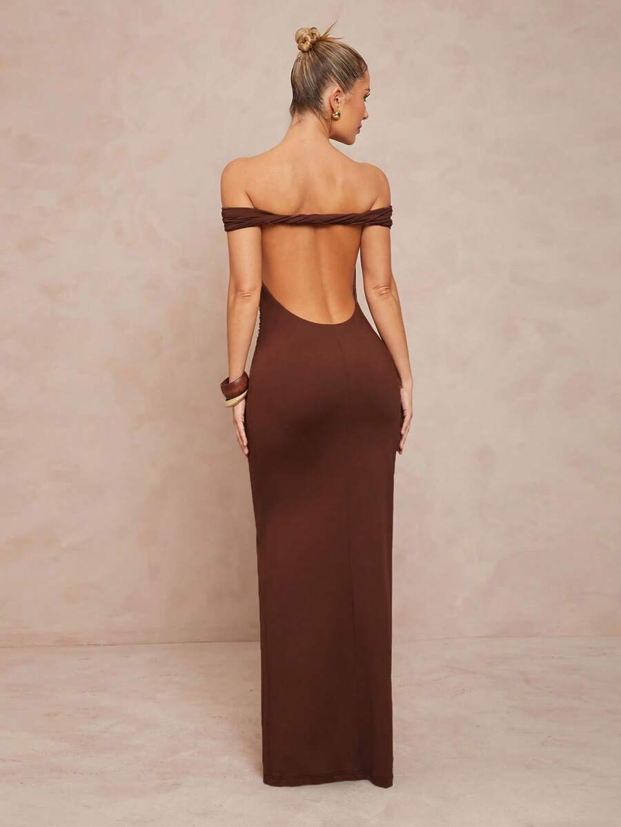 Lumalex Robe fourreau femme à l'épaule dénudée avec dos torsadé, pour mariage de saison, cérémonie de passage à l'âge adulte, vacances à la plage et bord de mer, en tenue de soirée élégante pour femme, robe de cocktail pour garden party, robes d'été pour femmes - Marron - Voir 1