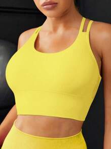 Easithlete 简约纯色交叉后背运动文胸 - 黃色 - 查看 5