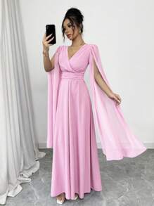 Rafferiza Vestido elegante de mujer para uso diario, banquetes, bodas, de cuello en V con pliegues cruzados en la cintura, corte 'A' con capa, de gasa transparente color lavanda para primavera y verano, falda larga