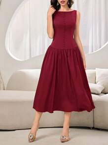 Modelyn Vestido midi elegante de mujer con cuello redondo, sin mangas y diseño de botones en unicolor - Burdeos - Ver 4
